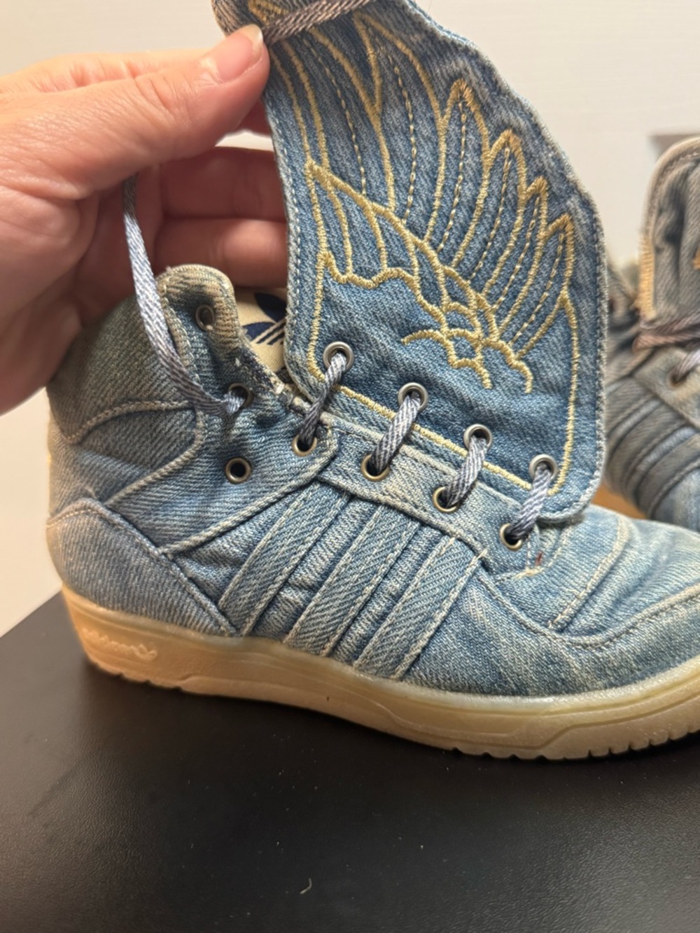 Jeremy Scott x Adidas Kids Denim High-Top Sneakers with Gold Wing Embroidery - Picture 11 of 12